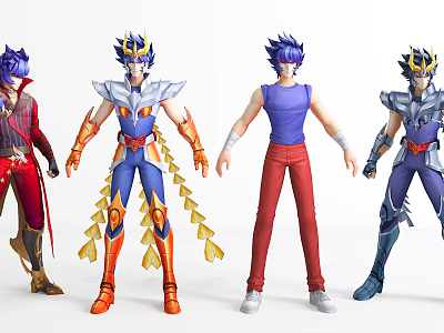 Four Game And Movie Characters With Blue Hair In Armor And Casual Outfits 3d model