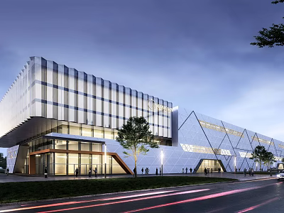 Modern Geometric Sales Office Building With Glass Curtain Walls And Illuminated Dusk Exterior Surrounding Trees 3d model