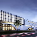 Modern Geometric Sales Office Building With Glass Curtain Walls And Illuminated Dusk Exterior Surrounding Trees