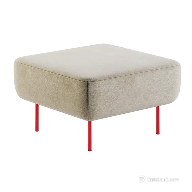 Light Gray Upholstered Ottoman with Red Metal Legs and Modern Design 3d model 