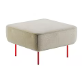 Light Gray Upholstered Ottoman with Red Metal Legs and Modern Design