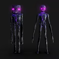 Two Eerie Skeleton Creatures With Purple Glowing Eyes And Wooden Texture