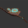 Artistic Wooden Decorative Tray With Turquoise Blue Panel Long Handle And Small Disc