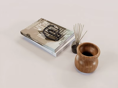 Stylish Decorative Ornament Set With Vogue Magazine Black Beaded Necklace Incense Reeds And Wooden Bowl 3d model