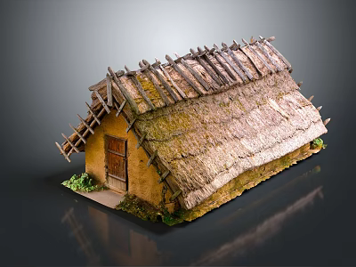 Natural Thatched House Model With Wooden Beams Mud Walls And Small Plants 3d model
