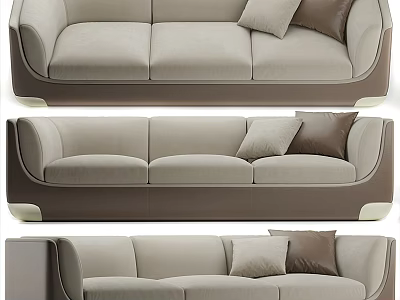 Modern Three Seater Sofa With Light Beige Upholstery And Brown Decorative Pillows 3d model