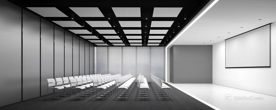 Modern Conference Room Interior Design With Arranged Tables Chairs Black Square Ceiling And Window Blinds 3d model 