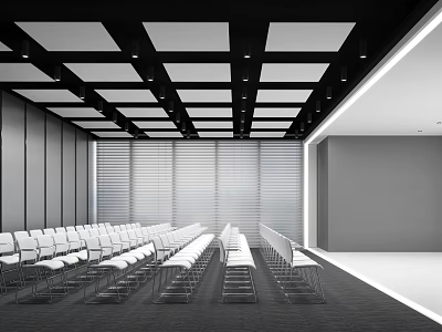 Modern Conference Room Interior Design With Arranged Tables Chairs Black Square Ceiling And Window Blinds 3d model