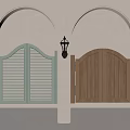 Arched Door Frames With Light Green Louvered And Brown Wooden Doors And Wall Lantern