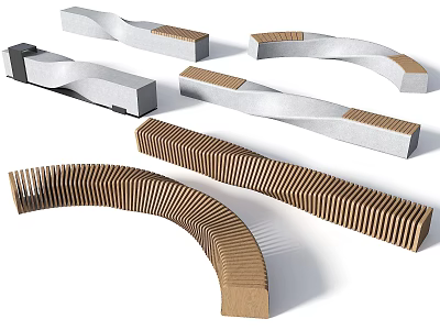 Modern Curved Landscape Seats With Wooden Slats And Concrete Supports For Outdoor Spaces 3d model