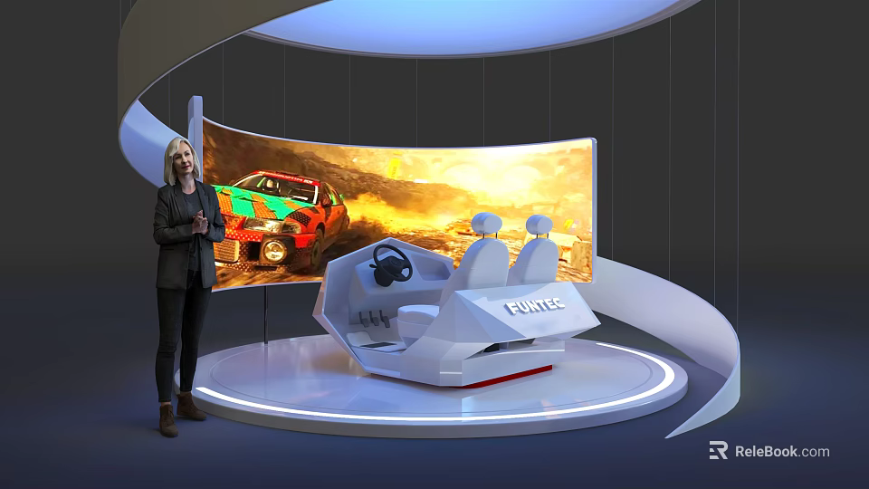 Large Curved Screen Showing Racing Car With Modern Racing Seat And Standing Woman 3d model 