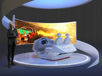 Large Curved Screen Showing Racing Car With Modern Racing Seat And Standing Woman 3d model