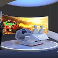 Large Curved Screen Showing Racing Car With Modern Racing Seat And Standing Woman