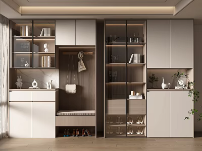 Modern Entrance Hallway With Storage Cabinets Display Shelves Bench And Decor 3d model