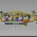 Fun Amusement Ride With Yellow Track Colorful Cabins Palm Trees And Green Platform