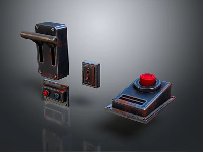 Vintage Style Metal Switch Panels With Lever Design Red Button And Various Controls 3d model