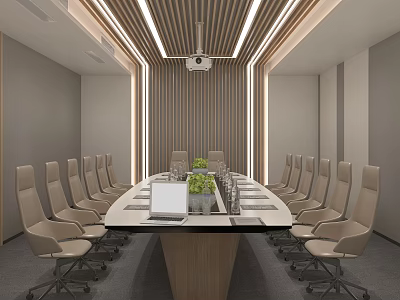 Modern Conference Room Interior With Long Table Chairs Projector And Wooden Wall Panels 3d model