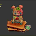 Cute Cartoon Bear With Strawberry Decorations Sitting On Stacked Toast Slices On Black Background