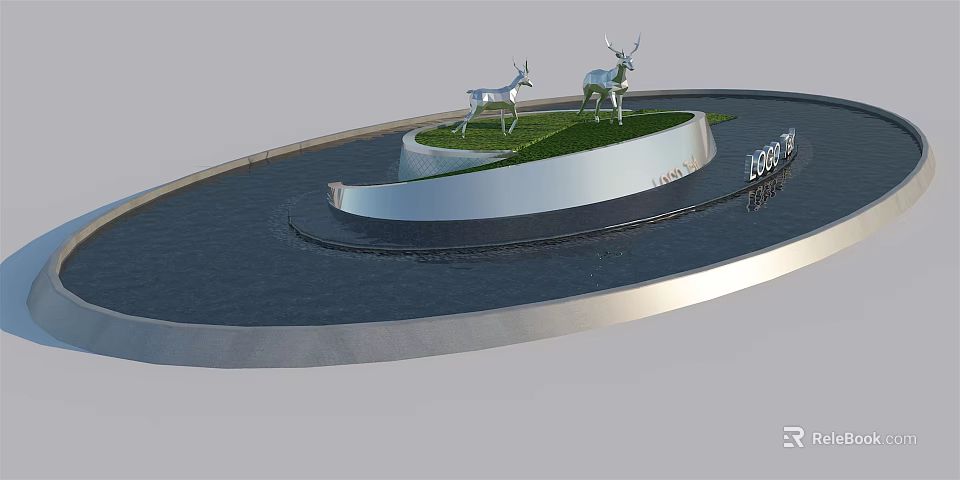 Creative Garden Ornament With Two Deer On Circular Platform And Lush Grass Lawn 3d model 