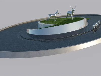 Creative Garden Ornament With Two Deer On Circular Platform And Lush Grass Lawn 3d model