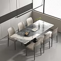 Modern Dining Table Set With Marble Top And Six Light Gray Chairs 3d model