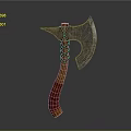 Decorative Axe With Intricate Carved Blade And Orange Wooden Handle Red Wrapped