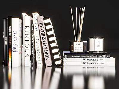 Decorative Ornament Set With Stacked Books Reed Diffuser Sticks And Candle 3d model
