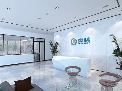 Modern Service Hall Interior With Reception Desk Marble Wall And Plants 3d model