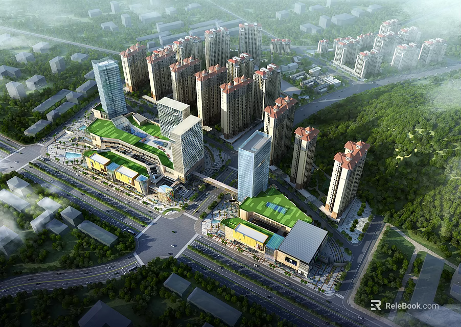 Aerial Urban Planning View Featuring High Rise Buildings Green Roofs Roads And Surrounding Green Spaces 3d model 