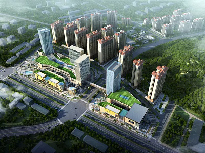 Aerial Urban Planning View Featuring High Rise Buildings Green Roofs Roads And Surrounding Green Spaces 3d model