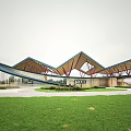 Modern Sales Office Building With Unique Roof Design Wooden Structure Green Lawn Entrance Area