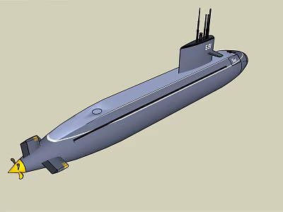 Gray Military Submarine 3D Model With Conning Tower And Yellow Tail Section 3d model