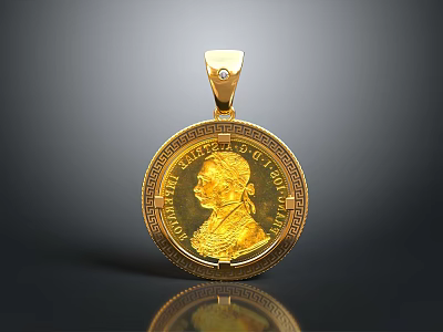 Golden Coin Shaped Pendant With Portrait Inscription And Top Diamond Decoration 3d model