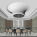 Modern Private Dining Room Interior With Round Table Wooden Walls And Circular Ceiling 3d model