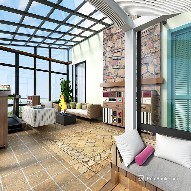 Villa Balcony With Glass Roof Large Windows Stone Walls Cozy Sofa Plants And Tiled Floor 3d model 