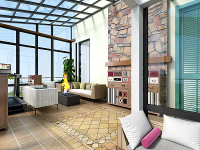 Villa Balcony With Glass Roof Large Windows Stone Walls Cozy Sofa Plants And Tiled Floor 3d model