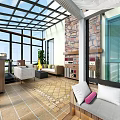 Villa Balcony With Glass Roof Large Windows Stone Walls Cozy Sofa Plants And Tiled Floor