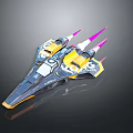 Futuristic Yellow And Black Spaceship With Pink Thrusters And Sleek Design