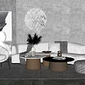 Modern White Sofa And Coffee Table Set With Cushions Vase Decor Rug On Grey Wall