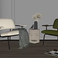 Light Gray And Green Fabric Armchairs With Stone Side Table Set On Wooden Floor