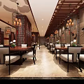 Chinese Style Restaurant Lobby With Red Ceiling Wooden Screens And Marble Floor