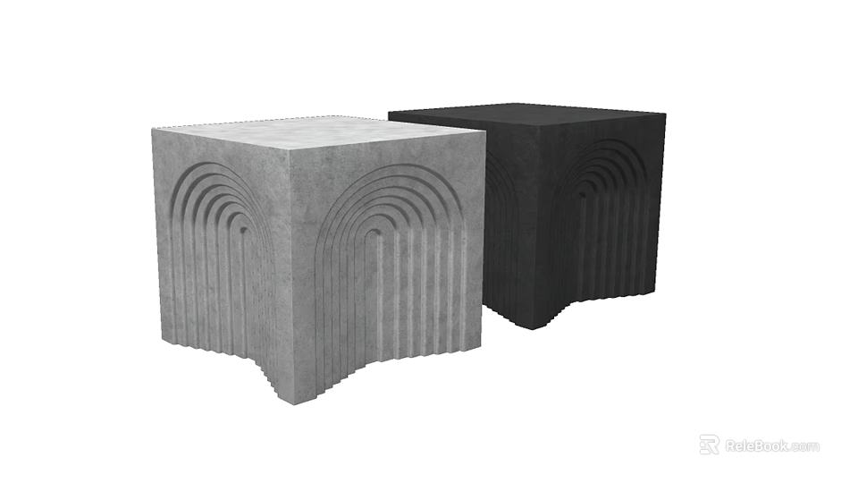 Modern Gray and Black Concrete Side Tables Featuring Arched Groove Design Details 3d model 