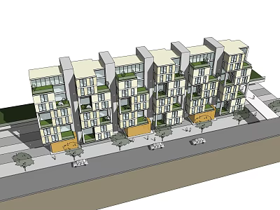 Modern Row House Exterior With Multiple Balconies Light Facade Street Trees And Parked Cars 3d model