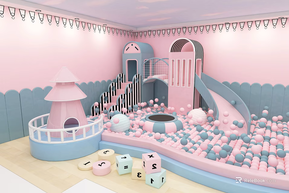 Pink Kids Play Equipment With Slide Ball Pit Playhouse And Alphabet Blocks 3d model 
