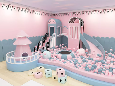 Pink Kids Play Equipment With Slide Ball Pit Playhouse And Alphabet Blocks 3d model