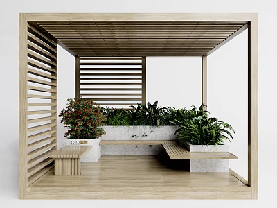 Wooden Pergola With Lattice Sides Green Plants Stone Benches And Wooden Platform 3d model
