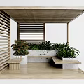 Wooden Pergola With Lattice Sides Green Plants Stone Benches And Wooden Platform