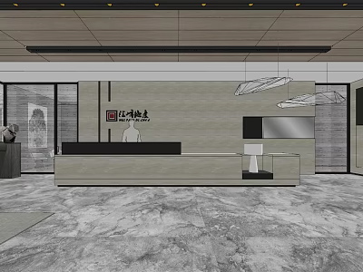 Modern Front Desk Reception Interior Design With Stylish Counter And Decorative Elements 3d model