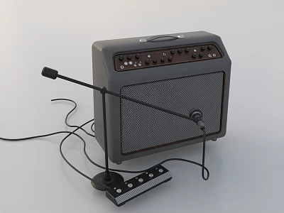 Gray Audio Speaker With Control Knobs Buttons Microphone And Foot Pedal 3d model