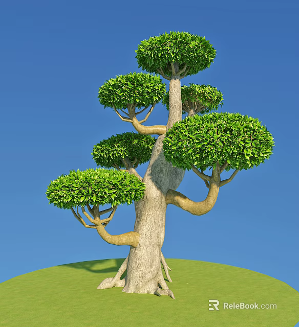 Lush Green Tree With Thick Trunk Curved Branches And Green Grass Base 3d model